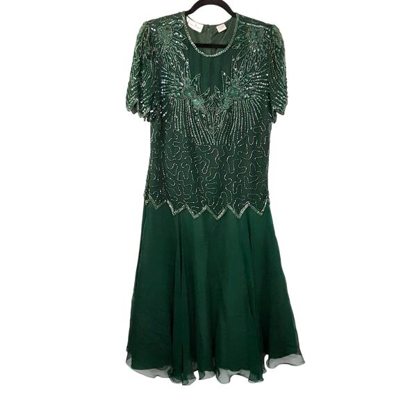 Vintage Laurence Kazar NY Beaded Gown 100% Silk Dress Drop Waist Green M 1920s - Picture 2 of 11